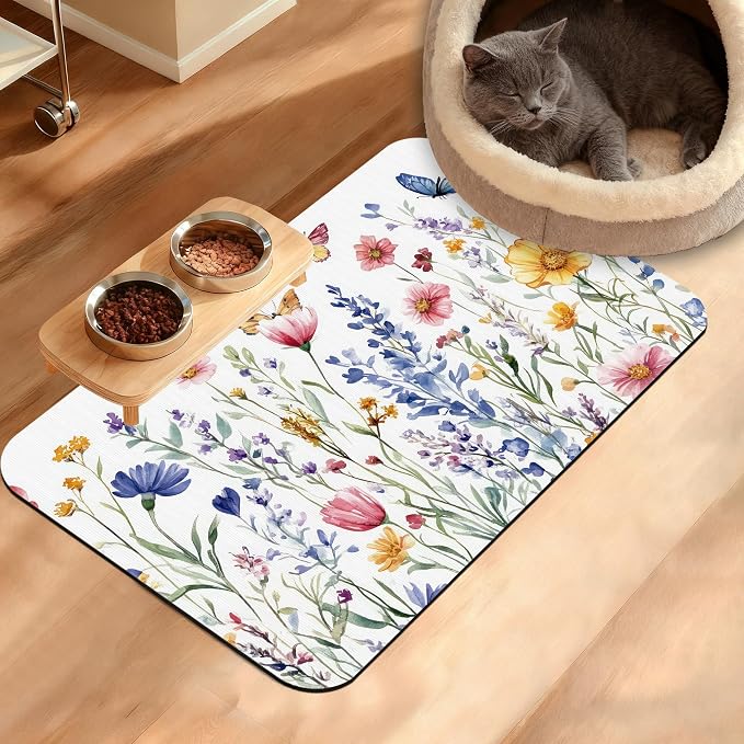 Flowers Butterfly Dog Food Mat, Colorful Absorbent Pet Feeding Mat by Unknown