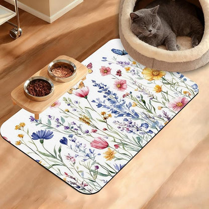 Flowers Butterfly Dog Food Mat, Colorful Absorbent Pet Feeding Mat by Unknown
