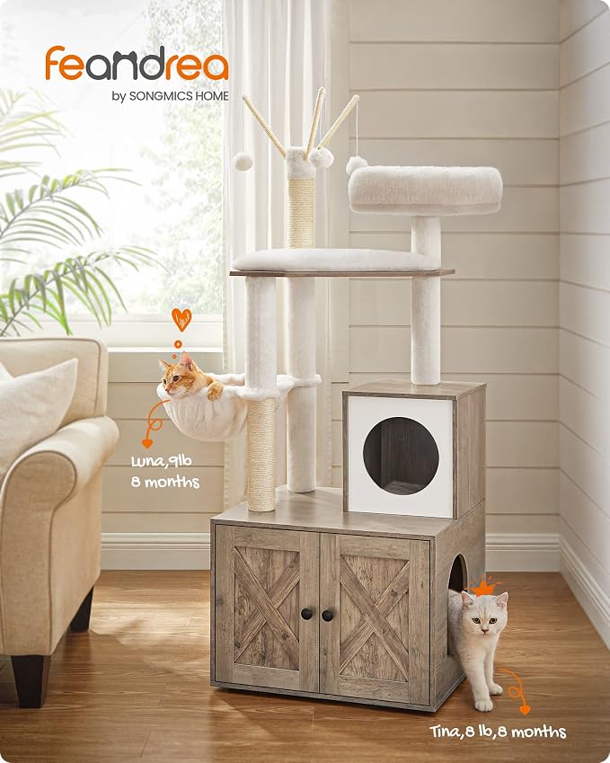 Feandrea Cat Tree with Litter Box Enclosure, 59-Inch Modern Cat Tower, 2-in-1 - Image 2