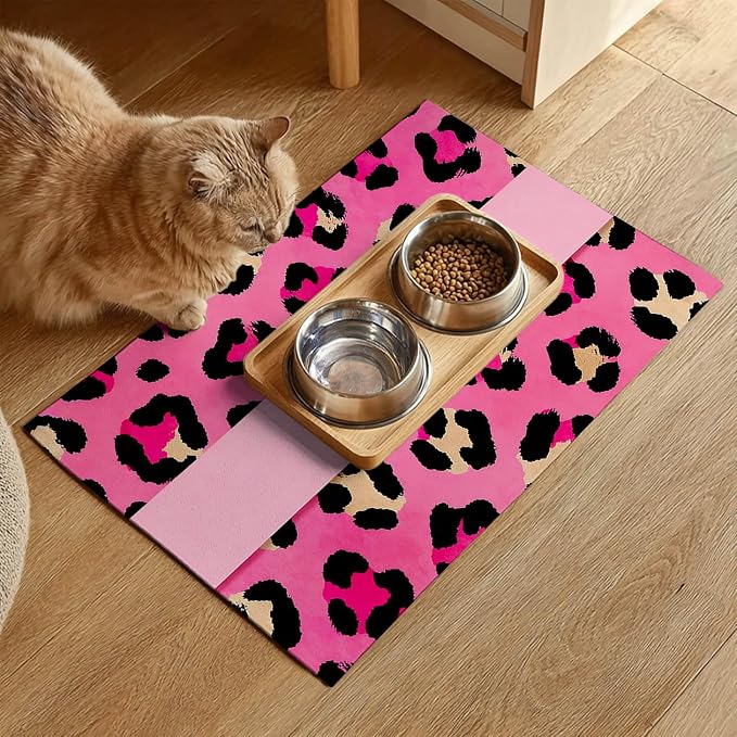 Puppy Feeding Mat 24x16 inch Hot Pink Leopard Print Pet Bowl Placemat Non Slip - Image 2