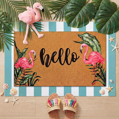 Tinideya 2 Pcs Summer Door Mat Flamingo Welcome Non Slip Coir Hello Mats Floor by Tinideya