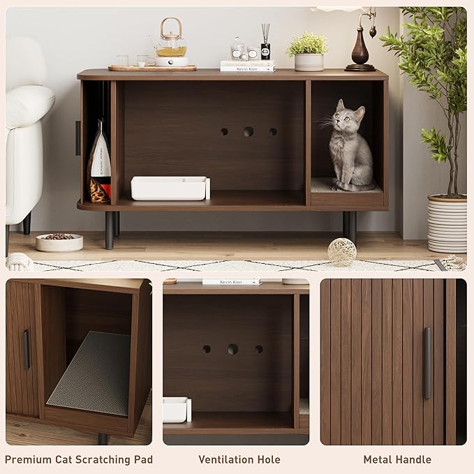 Cat Litter Box Enclosure with Cat Scratch Pad, Sliding Door, 37.4" Litter Box - Image 4