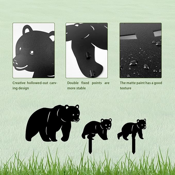 3 Pack Bear Metal Garden Decorative Stakes, Weather Proof Silhouette Statues - Image 4