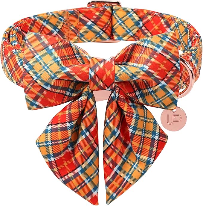 Autumn Plaid Dog Collar and Bow Tie Set – Orange Yellow Checkered Adjustable by UPURARAPUP