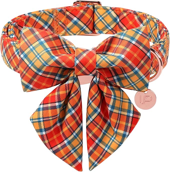Autumn Plaid Dog Collar and Bow Tie Set – Orange Yellow Checkered Adjustable by UPURARAPUP