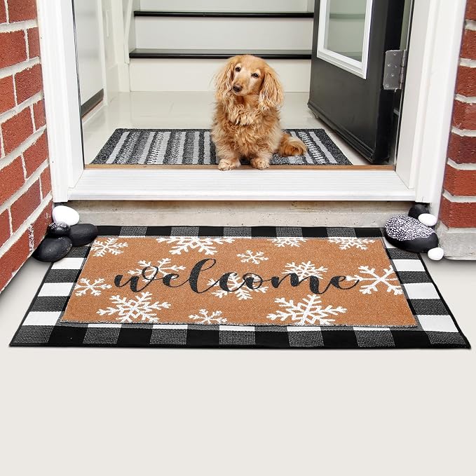 Tinideya 2 Pcs Winter Door Mat Outdoor Snowflake Welcome Mats - Image 4