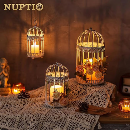 NUPTIO Decorative Bird Cage Lantern: 2 Set of 10 inch Tall Rustic White - Image 2