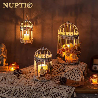 NUPTIO Decorative Candle Lanterns White: 3 Pcs Distressed White Metal Bird Cage - Image 2