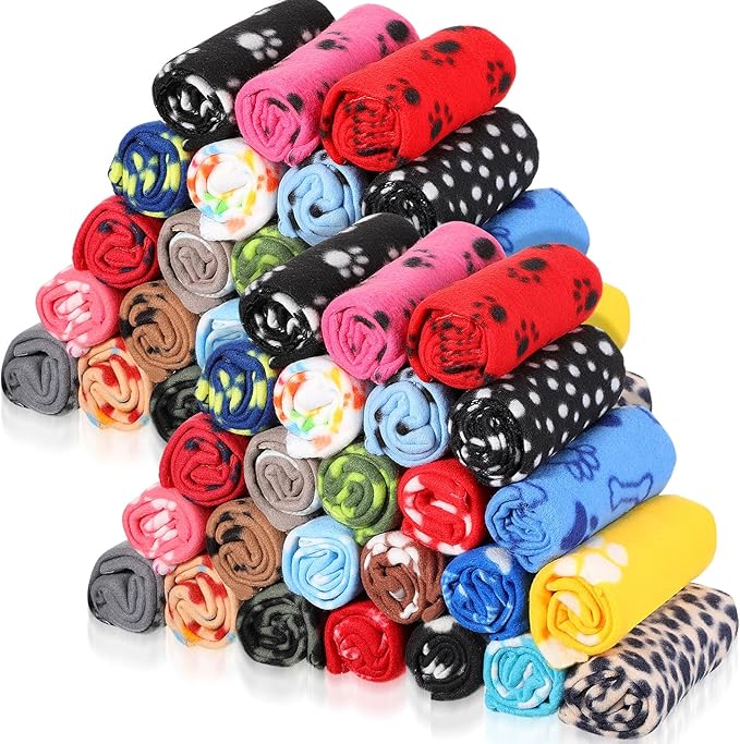 Preboun 50 Pack Puppy Blanket Bulk 24 x 28 Inch Small Soft Fleece Pets Paw by Preboun
