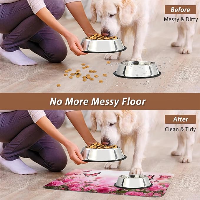 Rose Pink Dog Cat Food Mat, Butterfly Absorbent Pet Feeding Mat - Image 5