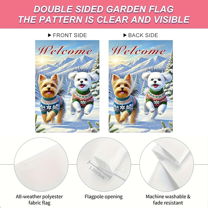 Welcome Winter Garden Flag Two Cheerful Dogs Flag Winter Sweaters 12x18 Inch - Image 4