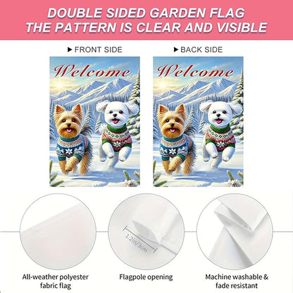 Welcome Winter Garden Flag Two Cheerful Dogs Flag Winter Sweaters 12x18 Inch - Image 4