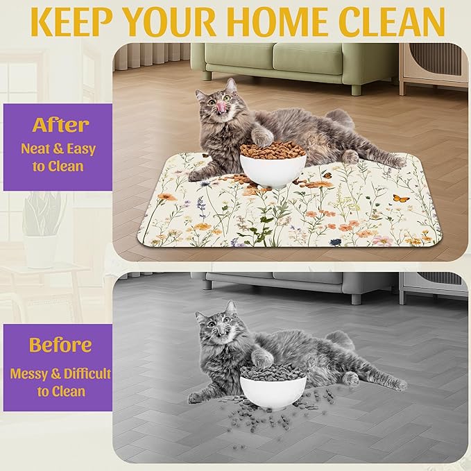 Vintage Wildflowers Herbs Pet Feeding Mat, Absorbent Bowl Pad, Quick Dry - Image 4