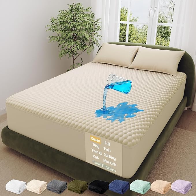 OhGeni 100% Waterproof Mattress Protector, Queen-Beige Size Mattress Pad by OhGeni