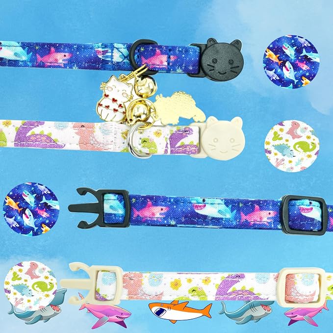 Elegant little tail 2 Pack Cat Collar-Dinosaur & Shark Cotton Breakaway Cat - Image 3