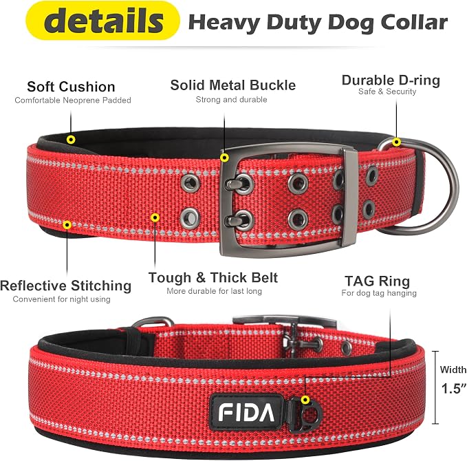 Fida Heavy Duty Dog Collar 1.5” Width, Ultra Soft Neoprene Padded, Adjustable - Image 3
