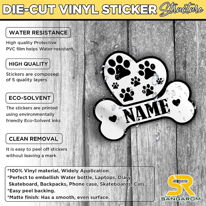Custom Dog Paw Bone Sticker Personalized Pet Name Decal Cute Heart and Pawprint - Image 4