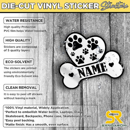 Custom Dog Paw Bone Sticker Personalized Pet Name Decal Cute Heart and Pawprint - Image 4