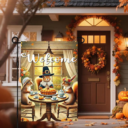 Welcome Garden Flag Autumn Garden Flag Adorable Squirrels Tea Party Decorative - Image 5