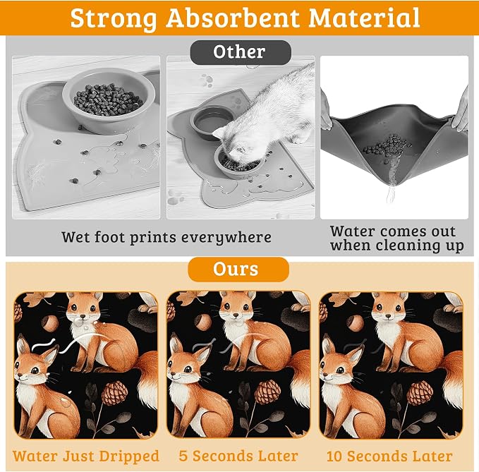 Cute Squirrel Dog Cat Food Mat, Bird Fox Absorbent Waterproof Placemat - Image 3
