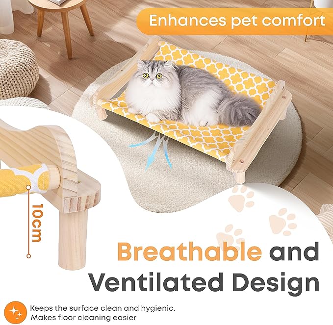 Elevated Wooden Cat Bed – 24"x15.7"x5.9" Breathable Hammock Pet Bed - Image 4