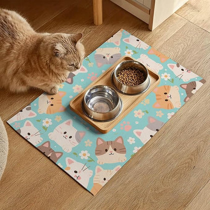 Cat Feeding Mat 24x16 inch Blue Kitten Print Pet Bowl Placemat Non Slip Floor - Image 2