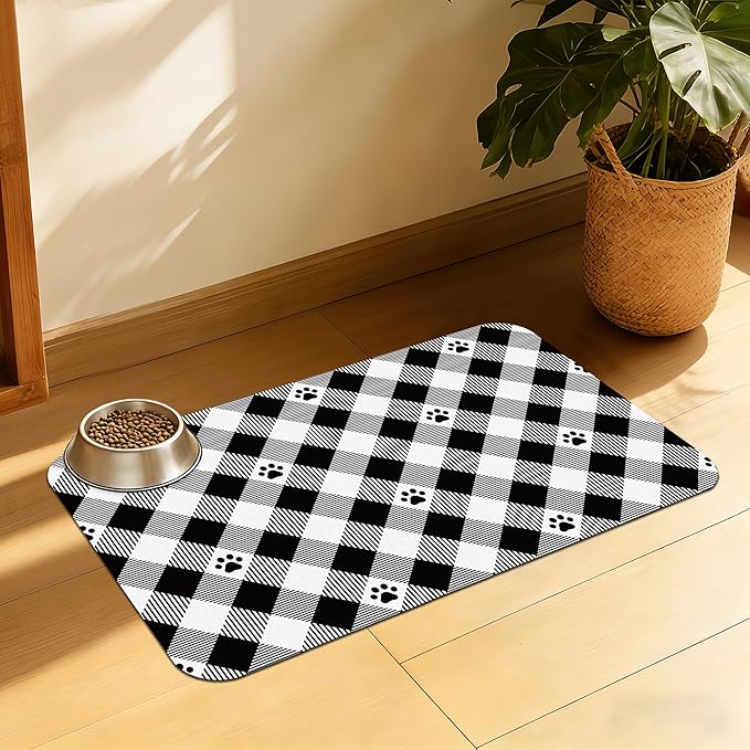 Cat Checked Plaid Dog Cat Food Mat, Absorbent Feeding Mat by QSOQSO