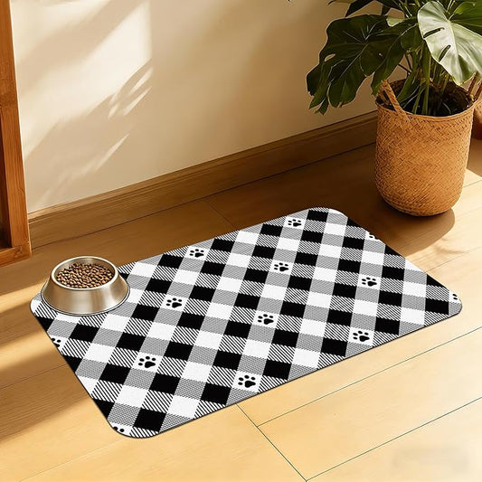 Cat Checked Plaid Dog Cat Food Mat, Absorbent Feeding Mat by QSOQSO