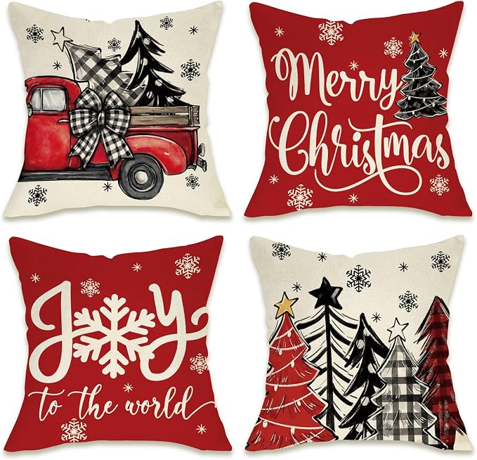 Fahrendom Merry Christmas Decorative Throw Pillow Covers 18 x 18 Set of 4 by Fahrendom