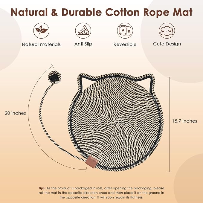 Cat Scratcher Mat, Natural Cotton Rope Cat Scratch Pad, 15.7'' Round Horizontal - Image 2
