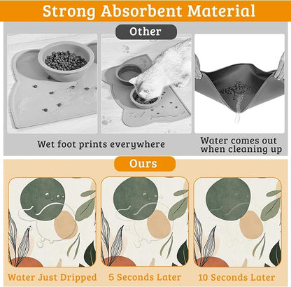 Boho Dog Cat Food Mat, Abstract Leaves Absorbent Waterproof Placemat - Image 3