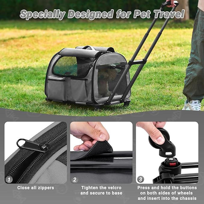 Large Pet Carrier with Wheels, Foldable Rolling Dog Carrier with Big Pocket - Image 4