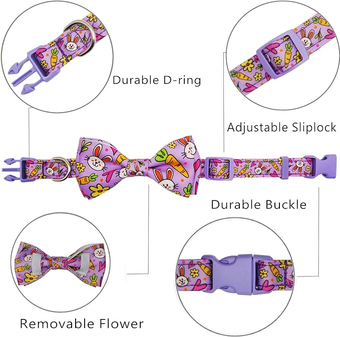 Easter Dog Collar with Bow Tie Set, Adjustable Purple Bunny and Carrot Pattern - Image 3