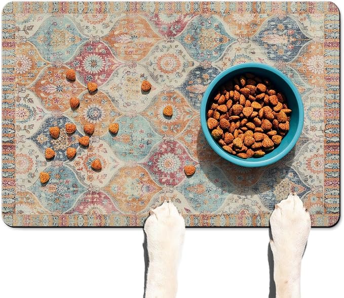 Moroccan Trellis Dog Food & Water Mat, Mexican Talavera Boho Colorful Pet - Image 2