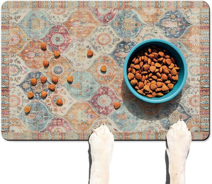 Moroccan Trellis Dog Food & Water Mat, Mexican Talavera Boho Colorful Pet - Image 2