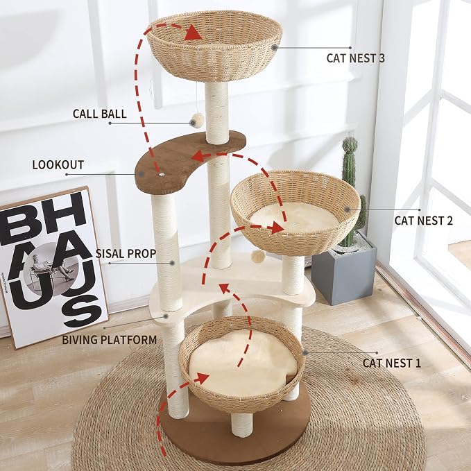 52" Modern Cat Tree Tower for Large Cats, 3Cat Nests Manual Hand Woven - Image 3