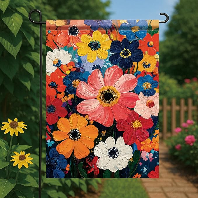 Garden Flag Colorful Flower Field Oil Painting Style Yard Welcome Banner Double - Image 5
