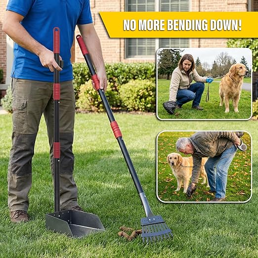 Dog Pooper Scooper, Long Handle Tray & Rake, 60 Waste Bags, Dog Waste Large Bin - Image 5