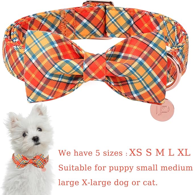 Autumn Plaid Dog Collar and Bow Tie Set – Orange Yellow Checkered Adjustable - Image 2