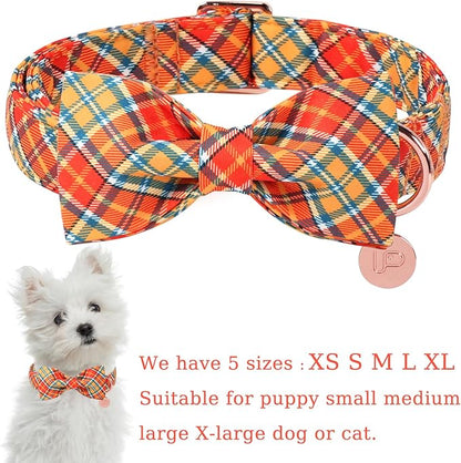 Autumn Plaid Dog Collar and Bow Tie Set – Orange Yellow Checkered Adjustable - Image 2