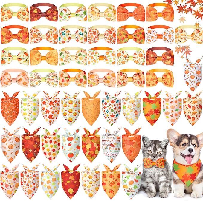 Sanwuta 50 Pcs Thanksgiving Fall Dog Bandanas Bulk and Collar Bow Ties Set 25 by Sanwuta