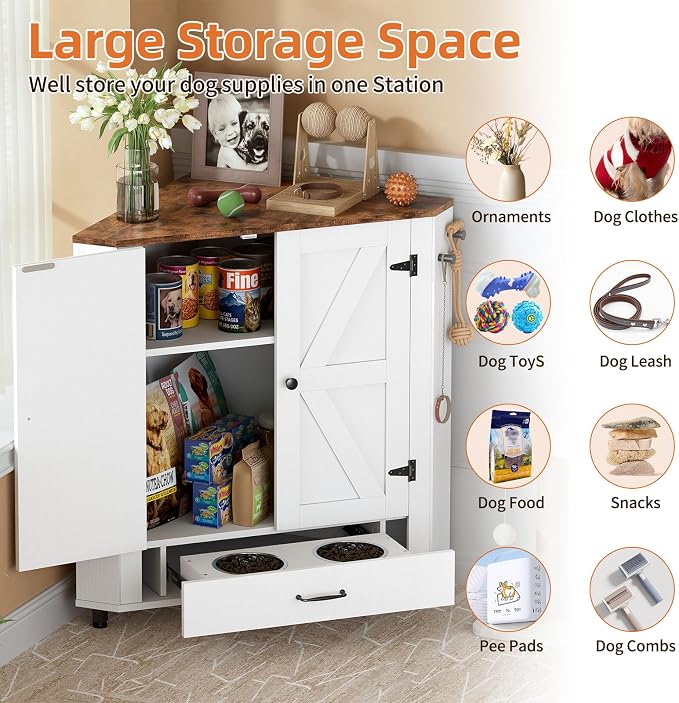 PakaLife Farmhouse Dog Food Storage Corner Cabinet, Dog Feeding Station - Image 7