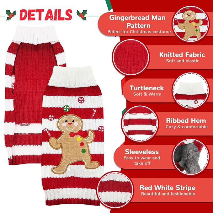 Dog Christmas Sweater Xmas Pet Clothes Cute Striped Gingerbread Man Costume - Image 4