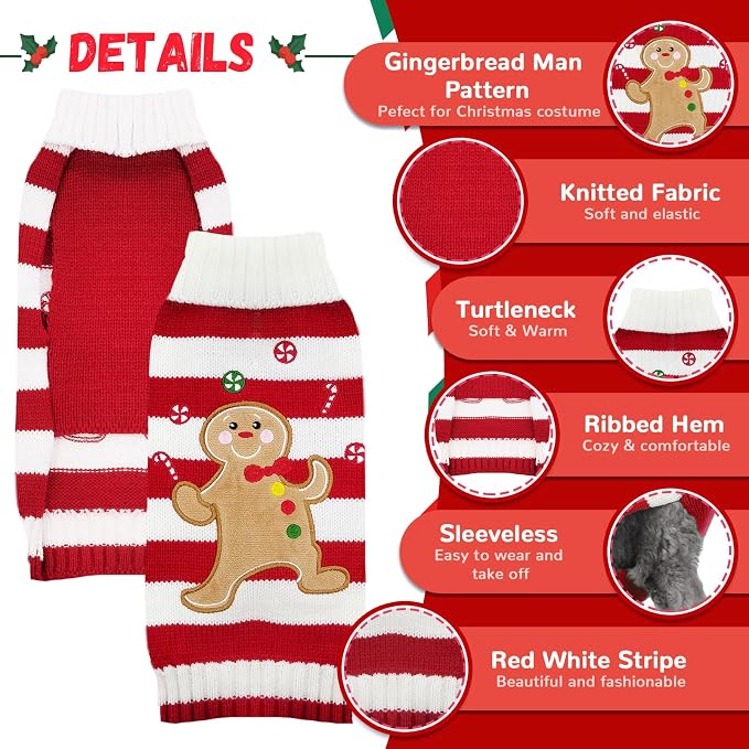 Dog Christmas Sweater Xmas Pet Clothes Cute Striped Gingerbread Man Costume - Image 4