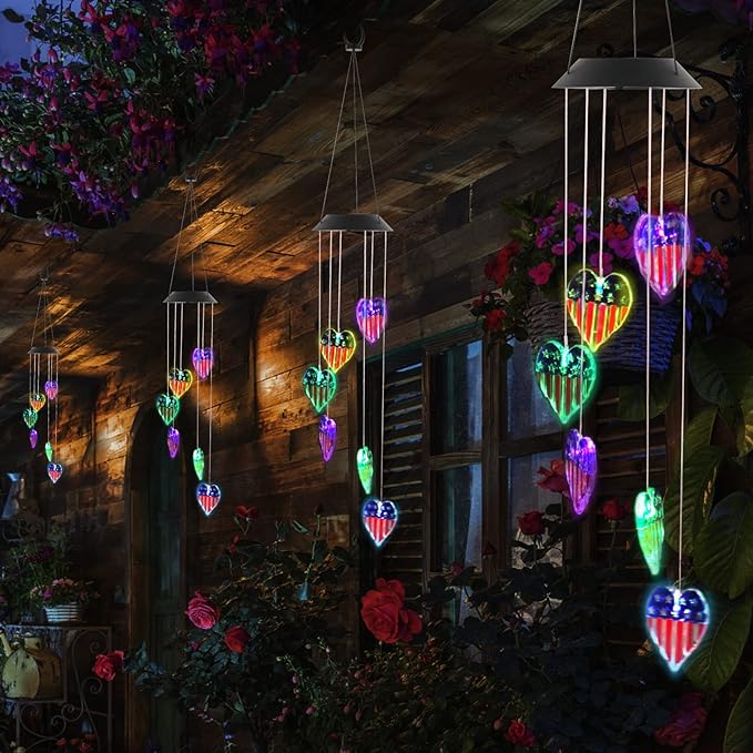American Flag Solar Wind Chimes, Heart-Shaped Love Patriotic Wind Chime Color - Image 5