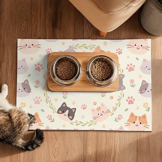 Cat Feeding Mat 24x16 inch Floral Ring Kitten Print Pet Bowl Placemat Non Slip - Image 5