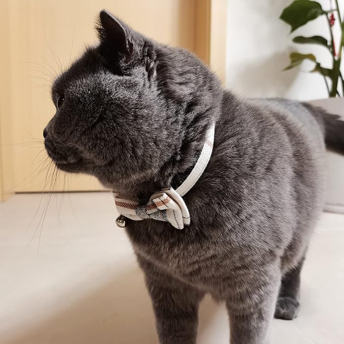 Cat Collar Breakaway with Bell and Bow Tie, Plaid Design Adjustable Safety - Image 3