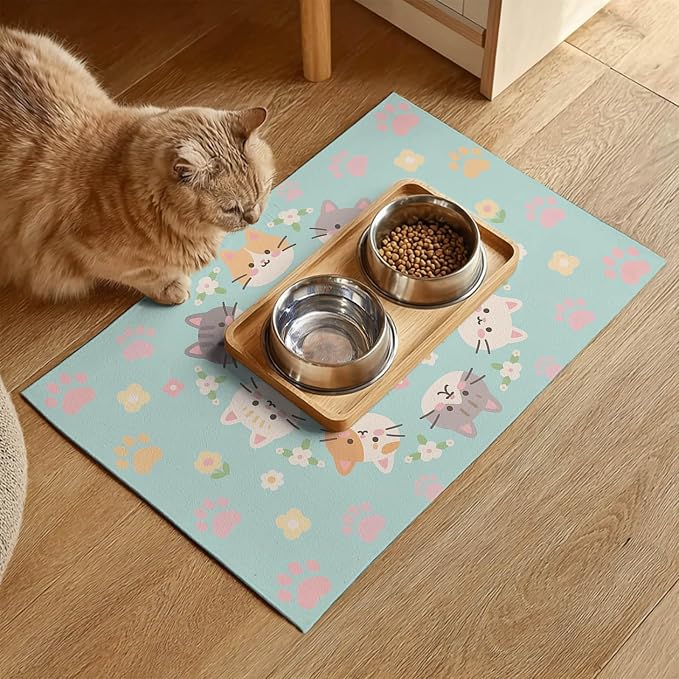 Cat Feeding Mat 24x16 inch Kitten Print Pet Bowl Placemat Non Slip Floor Mat - Image 2