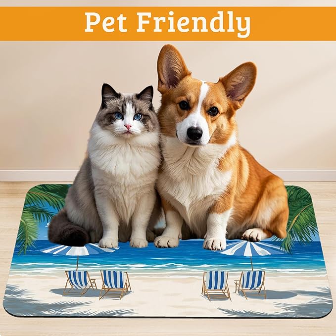 Pet Feeding Mat, Sea Beach Absorbent Dog Cat Food Mat Palm Tree Dog Mat - Image 2