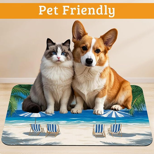 Pet Feeding Mat, Sea Beach Absorbent Dog Cat Food Mat Palm Tree Dog Mat - Image 2